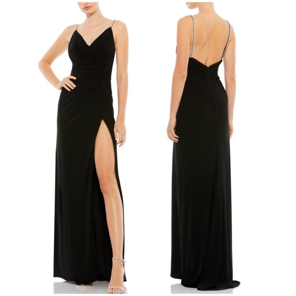 Mac Duggal NWT Black Faux Wrap V Neck Open Back Gown Rhinestone Strap Size 10